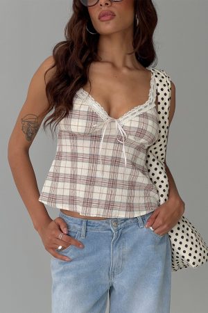 Pretty It Up Tie Detail Top Beige Check