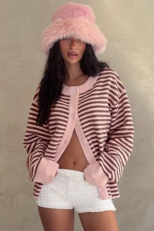 Darnelle Button Up Knit Cardigan Pink Stripe