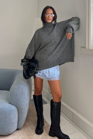 Patrizia Funnel Neck Knit Sweater Grey