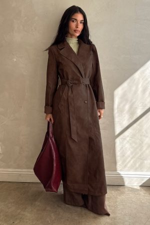 Salazar Longline Belted Trench Coat Chocolate Brown