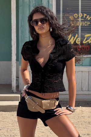 Daveney Lace Short Sleeve Collared Top Black