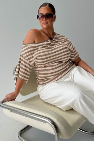 Emlynn Off Shoulder Top Brown Stripe Curve