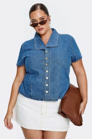 Ellix Button Up Top Blue Denim Curve