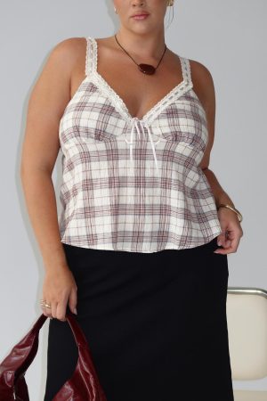 Pretty It Up Tie Detail Top Beige Check Curve