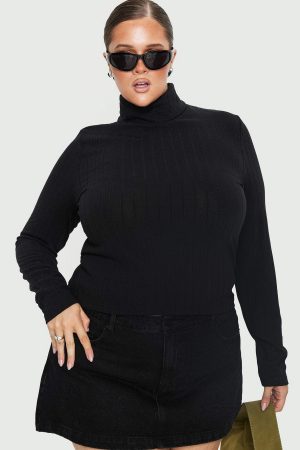 Enisa High Neck Long Sleeve Top Black Curve