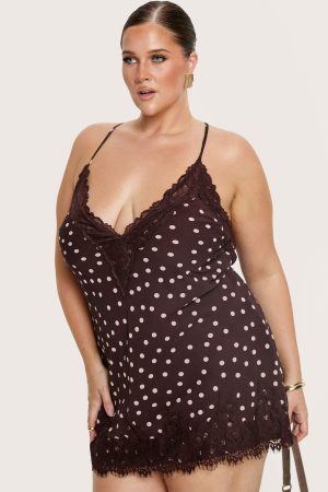 Call My Lover Lace Slip Mini Dress Brown Polka Curve