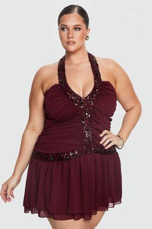 Aisleigh Sequin Halter Mini Dress Berry Curve