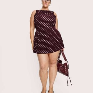 Kherin Boat Neck Romper Wine Polka Curve