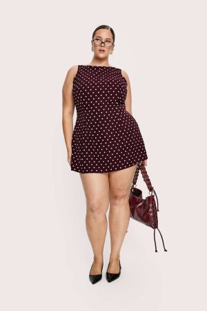 Kherin Boat Neck Romper Wine Polka Curve