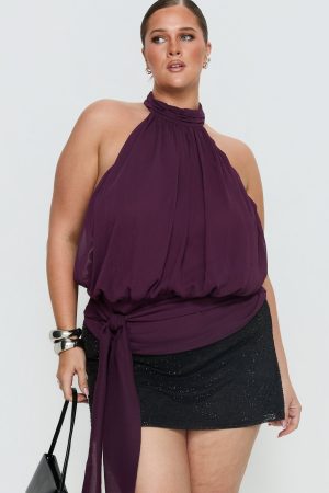 Faythe High Neck Tie Top Berry Curve