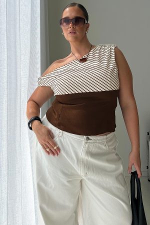 Past Life One Shoulder Top Brown / Stripe Curve