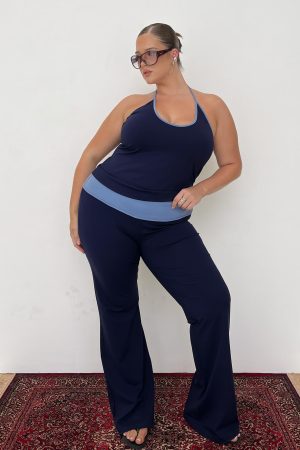 Kobee Jersey Flare Pants Navy / Light Blue Curve