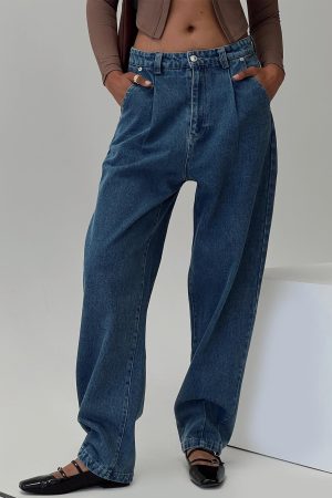 Forestier Mid Rise Barrel Leg Pin Tuck Jeans Mid Blue