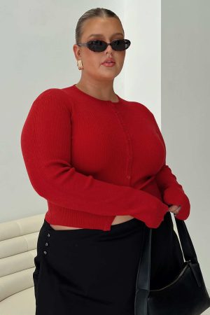 Suzu Long Sleeve Knit Top Red Curve