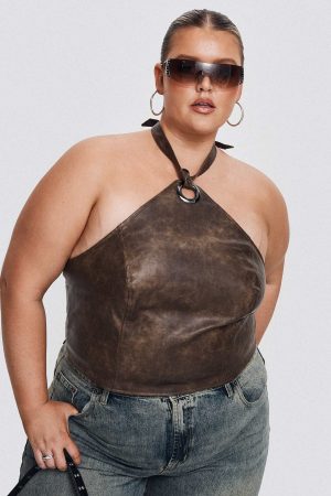 Treat You Better Ring Detail Faux Leather Top Brown Curve
