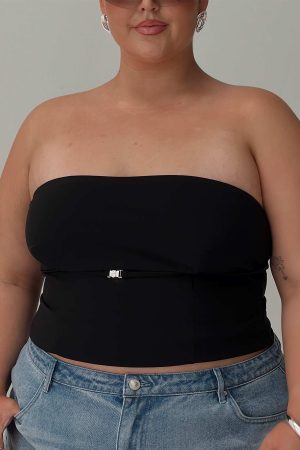 Flounce Strapless Top Black Curve