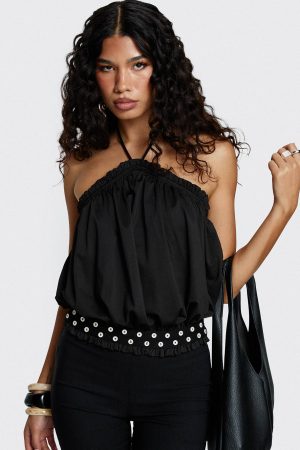 Mikki Tie Neck Button Detail Top Black