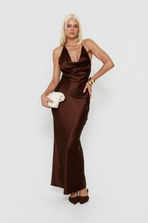 Yazmeina Halter Keyhole Maxi Dress Brown