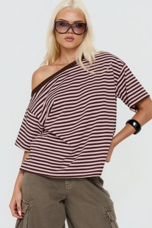 Settle Down One Shoulder Top Pink / Chocolate Stripe