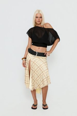 Dulciana High Split Asymmetrical Midi Skirt Multi Check