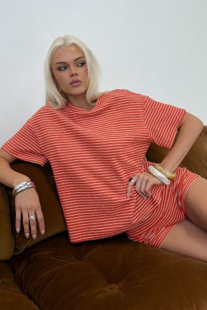 Rubez Terry Towelling Boxy Top Burnt Orange Stripe
