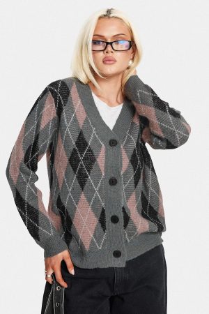Zeeva Button Through Knit Cardigan Grey Argyle