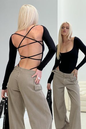 All Tied Up Long Sleeve Bodysuit Black