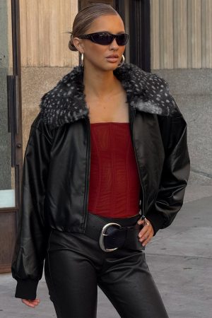 Koemi Faux Leather Collared Jacket Black