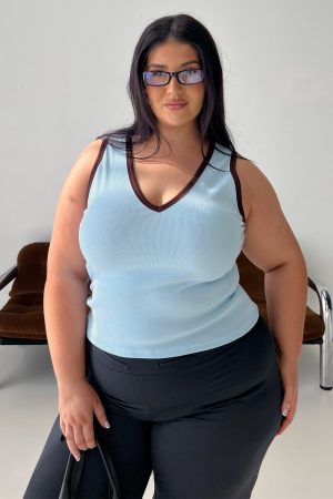 Baseline V Neck Rib Tank Top Blue / Brown Curve
