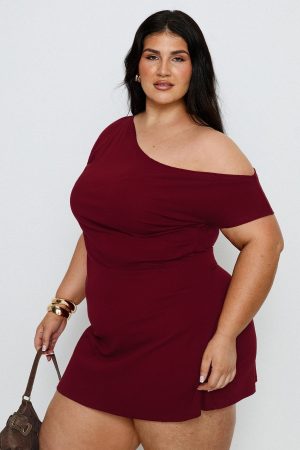Prestige One Shoulder Mini Dress Burgundy Curve
