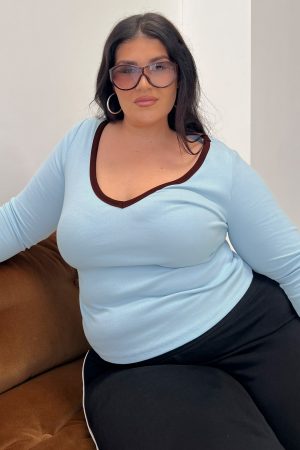 Baseline V Neck Long Sleeve Top Blue / Brown Curve