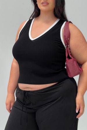 Baseline V Neck Rib Tank Top Black / White Curve