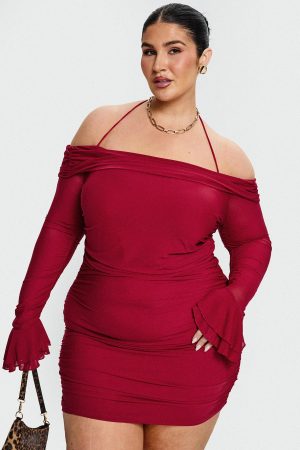 Taylon Off Shoulder Long Sleeve Mini Dress Red Curve