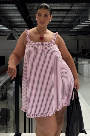 Zalina Babydoll Mini Dress Pink Stripe Curve