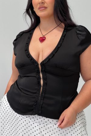 Tatianna Frill Blouse Top Black Curve