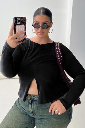 Kortez Long Sleeve Zip Through Top Black Curve