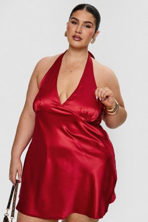 Pelagia Halter Scarf Tie Mini Dress Red Curve