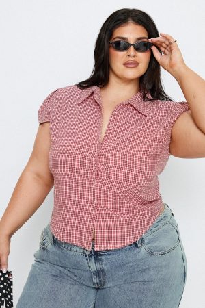 Float Away Button Up Top Red Check Curve