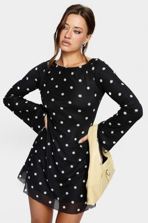 Lukea Long Sleeve Mini Dress Black Polka Dot