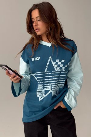 Starletta Long Sleeve Moto Top Blue