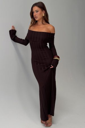 Ellouisa Long Sleeve Rib Maxi Dress Chocolate