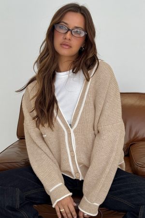 Cressara Contrast Knit Cardigan Beige / White