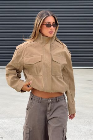 Double Life Funnel Neck Cargo Jacket Beige