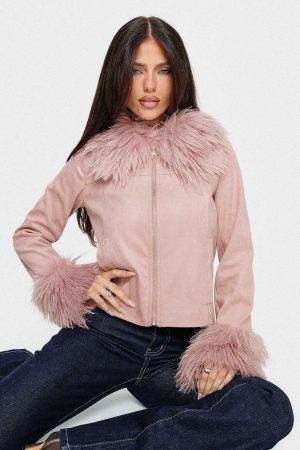 Jeanna Suede Faux Fur Detail Jacket Pink