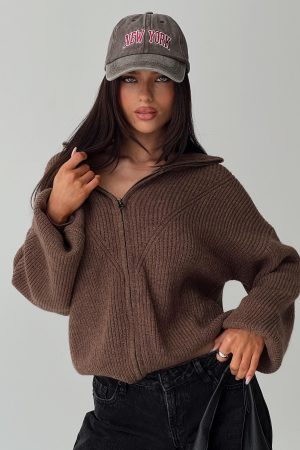 Hertford Zip Through Knit Sweater Brown