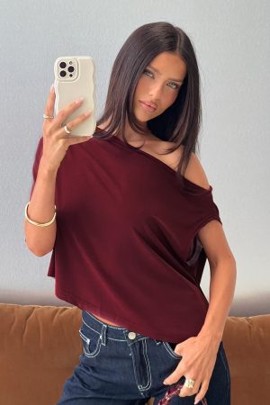Passerby Asymmetrical Off Shoulder Top Burgundy