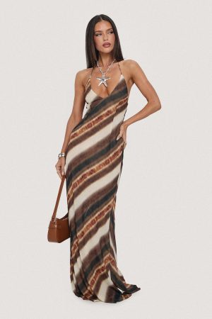 Esmira Halter Maxi Dress Brown Stripe