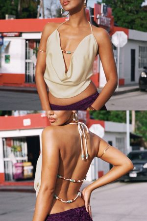 Kaivra Plunge Bead Detail Backless Top Cream