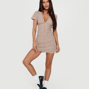 Loveliness Playsuit Brown Check Petite