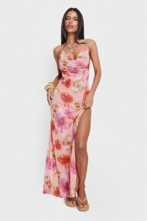 Sibellah Beaded Cowl Neck Maxi Dress Pink Multi